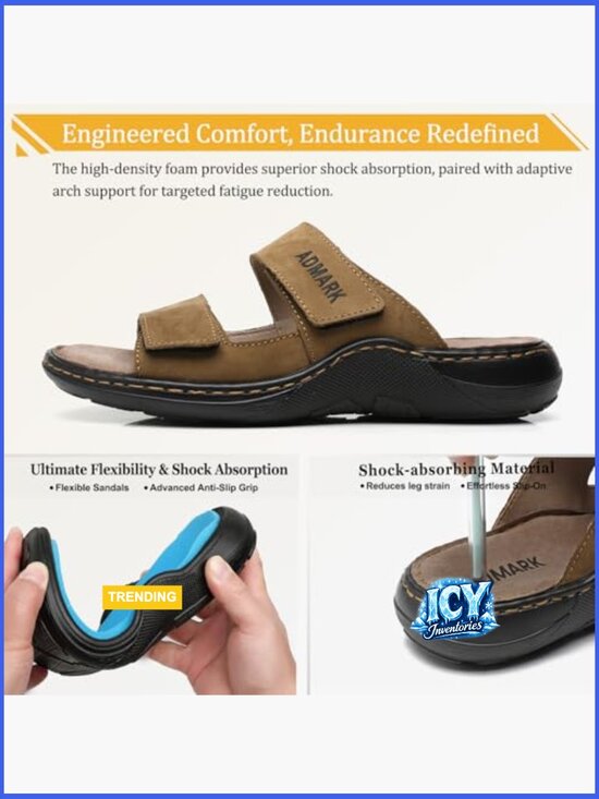 Men\'s Full-Grain Leather Slide Sandals with Arch Support & Memory Foam
